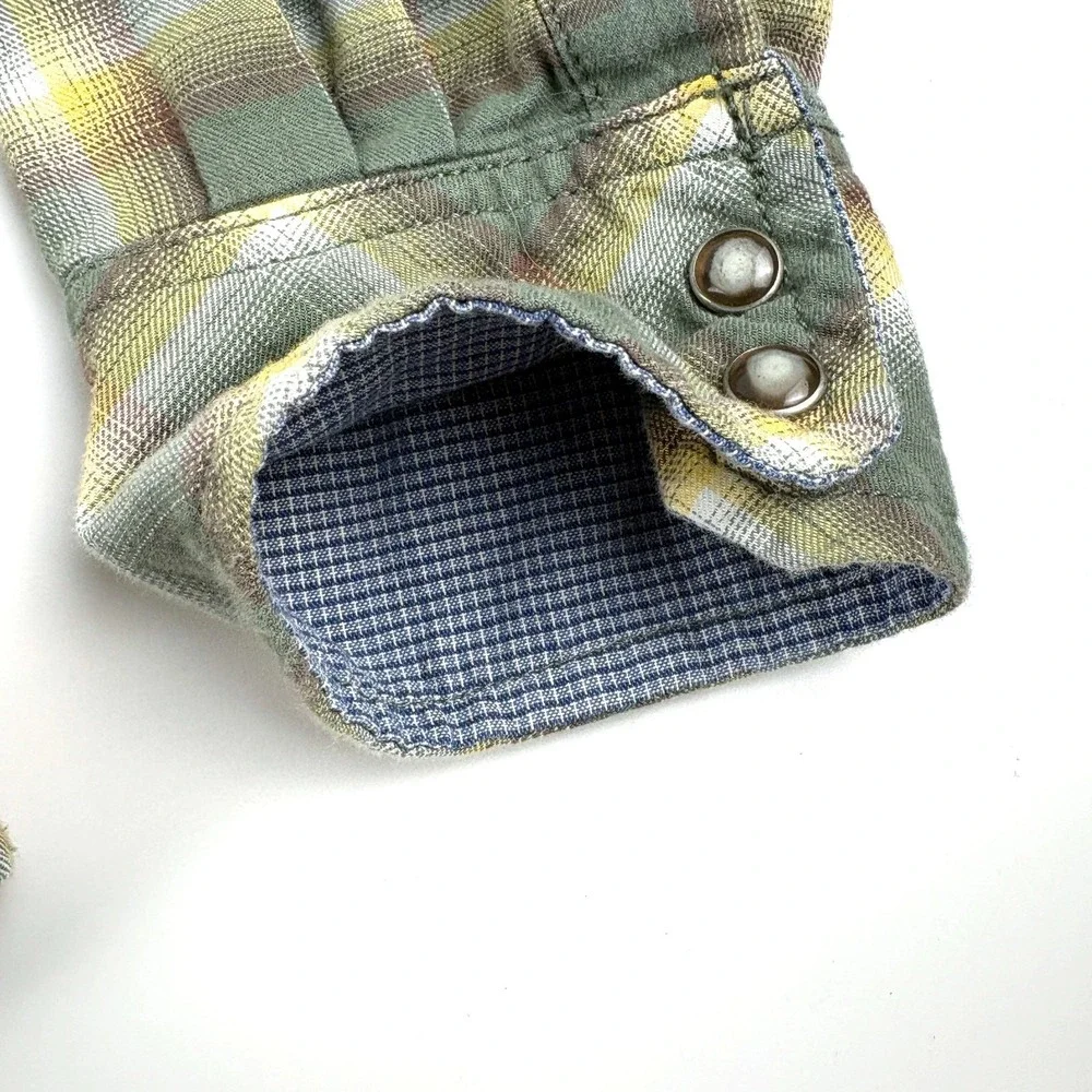 PX Los Angeles Plaid Pearl Snap Cotton Shirt Mens L Green Brown Yellow Long Slv‎